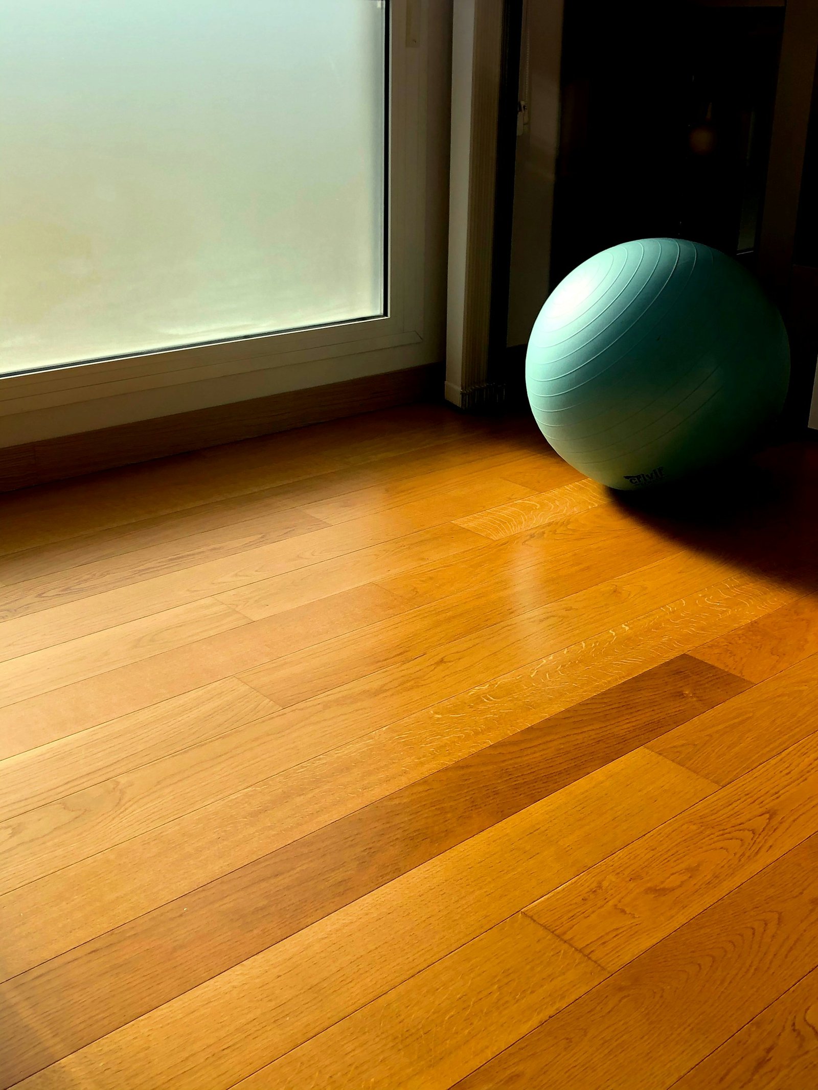 Sunlit wooden floor with green exercise ball